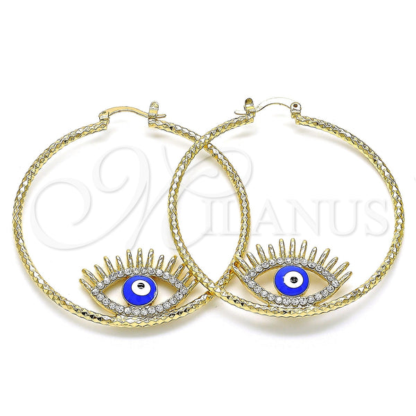 Gold Filled Hoop Earrings — Large Hoop Evil Eye Design with White Crystal — main product view — SKU 143407 | Oro Laminado aretes de aro — Large Hoop Evil Eye diseño with cristal blanco — SKU 143407