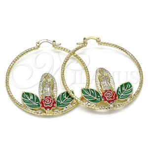 Gold Filled Hoop Earrings — Large Hoop Guadalupe and Flower Design Multicolor Enamel — main product view — SKU 143409 | Oro Laminado aretes de aro — Large Hoop Guadalupe and flor diseño Multicolor Enamel — SKU 143409