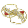 Oro Laminado Large Hoop, Gold Filled Style Nameplate and Heart Design, with White and Garnet Crystal, Diamond Cutting Finish, Golden Finish, 02.380.0079.50