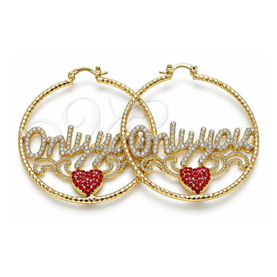 Oro Laminado Large Hoop, Gold Filled Style Nameplate and Heart Design, with White and Garnet Crystal, Diamond Cutting Finish, Golden Finish, 02.380.0079.50