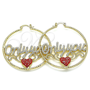 Gold Filled Hoop Earrings — Large Hoop Nameplate and Heart Design with White — main product view — SKU 143410 | Oro Laminado aretes de aro — Large Hoop Nameplate and corazón diseño with blanco — SKU 143410