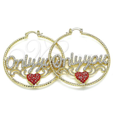 Oro Laminado Large Hoop, Gold Filled Style Nameplate and Heart Design, with White and Garnet Crystal, Diamond Cutting Finish, Golden Finish, 02.380.0079.50