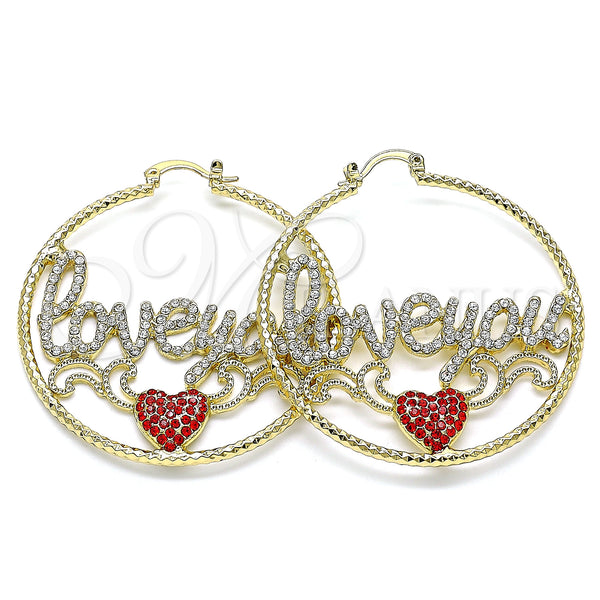 Gold Filled Hoop Earrings — Large Hoop Nameplate and Heart Design with White — main product view — SKU 143411 | Oro Laminado aretes de aro — Large Hoop Nameplate and corazón diseño with blanco — SKU 143411