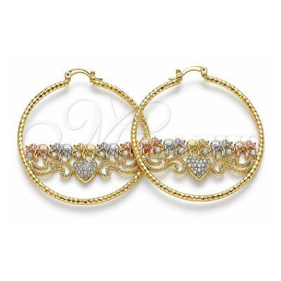 Oro Laminado Large Hoop, Gold Filled Style Elephant and Heart Design, with White Crystal, Diamond Cutting Finish, Tricolor, 02.380.0081.50