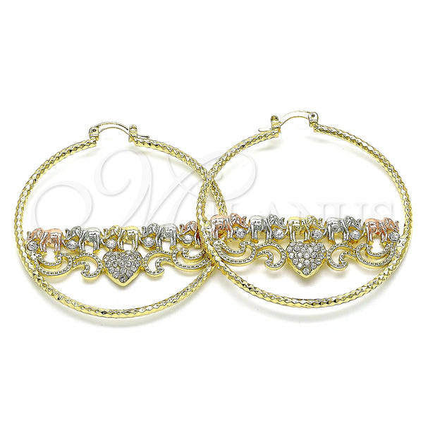 Gold Filled Hoop Earrings — Large Hoop Elephant and Heart Design with White — main product view — SKU 143412 | Oro Laminado aretes de aro — Large Hoop Elephant and corazón diseño with blanco — SKU 143412