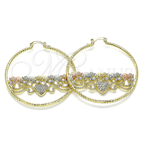 Oro Laminado Large Hoop, Gold Filled Style Elephant and Heart Design, with White Crystal, Diamond Cutting Finish, Tricolor, 02.380.0081.50
