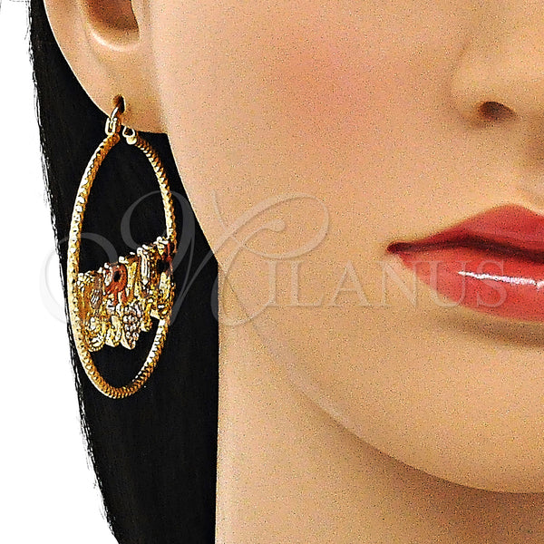 Gold Filled Hoop Earrings — Large Hoop Owl and Elephant Design with White — alternate product view — SKU 143413 | Oro Laminado aretes de aro — Large Hoop Owl and Elephant diseño with blanco — SKU 143413