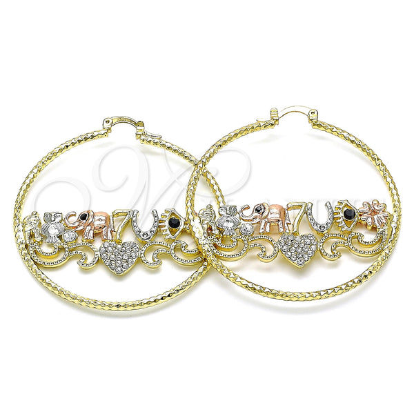 Gold Filled Hoop Earrings — Large Hoop Owl and Elephant Design with White — main product view — SKU 143413 | Oro Laminado aretes de aro — Large Hoop Owl and Elephant diseño with blanco — SKU 143413