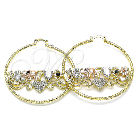 Oro Laminado Large Hoop, Gold Filled Style Owl and Elephant Design, with White and Black Crystal, Diamond Cutting Finish, Tricolor, 02.380.0082.50