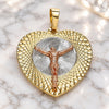 Oro Laminado Religious Pendant, Gold Filled Style Jesus and Heart Design, Diamond Cutting Finish, Tricolor, 05.380.0131