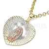 Oro Laminado Religious Pendant, Gold Filled Style Guadalupe and Heart Design, Diamond Cutting Finish, Tricolor, 05.380.0132