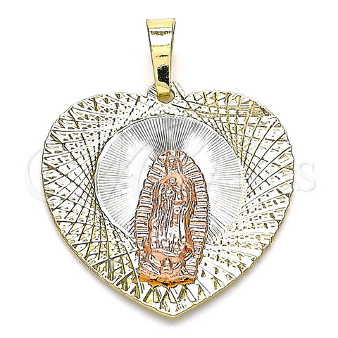 Oro Laminado Religious Pendant, Gold Filled Style Guadalupe and Heart Design, Diamond Cutting Finish, Tricolor, 05.380.0132