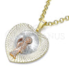 Oro Laminado Religious Pendant, Gold Filled Style Santa Muerte and Heart Design, Diamond Cutting Finish, Tricolor, 05.380.0133