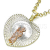 Oro Laminado Religious Pendant, Gold Filled Style San Judas and Heart Design, Diamond Cutting Finish, Tricolor, 05.380.0134