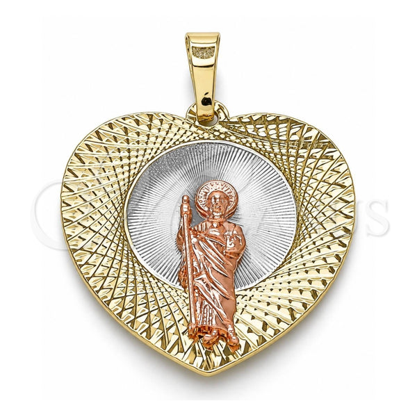 Oro Laminado Religious Pendant, Gold Filled Style San Judas and Heart Design, Diamond Cutting Finish, Tricolor, 05.380.0134