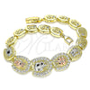 Oro Laminado Fancy Bracelet, Gold Filled Style Elephant and Owl Design, with White and Black Cubic Zirconia, Polished, Tricolor, 03.380.0103.07 (09 MM Thickness, 7 Inches Length)