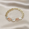 Oro Laminado Fancy Bracelet, Gold Filled Style Elephant and Owl Design, with White and Black Cubic Zirconia, Polished, Tricolor, 03.380.0103.07 (09 MM Thickness, 7 Inches Length)