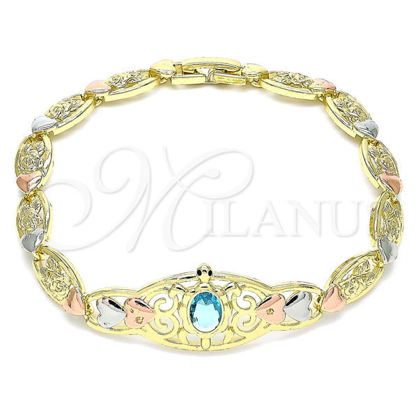 Oro Laminado Fancy Bracelet, Gold Filled Style Turtle and Heart Design, with Blue Topaz and Black Cubic Zirconia, Polished, Tricolor, 03.380.0104.07 (07 MM Thickness, 7 Inches Length)
