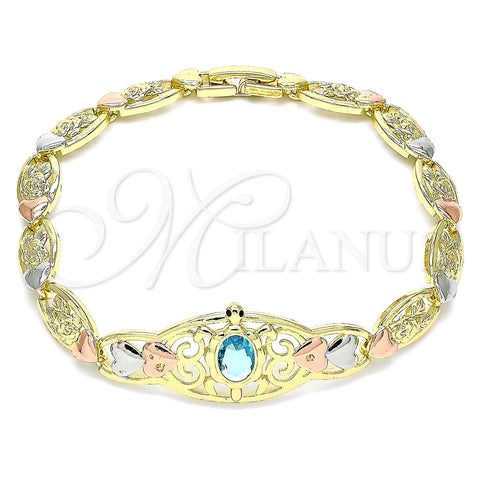 Oro Laminado Fancy Bracelet, Gold Filled Style Turtle and Heart Design, with Blue Topaz and Black Cubic Zirconia, Polished, Tricolor, 03.380.0104.07 (07 MM Thickness, 7 Inches Length)