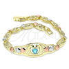 Oro Laminado Fancy Bracelet, Gold Filled Style Dolphin and Heart Design, with Blue Topaz and Black Cubic Zirconia, Polished, Tricolor, 03.380.0106.07 (07 MM Thickness, 7 Inches Length)