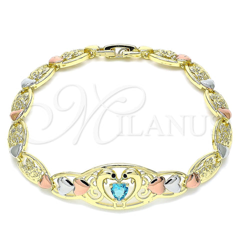 Oro Laminado Fancy Bracelet, Gold Filled Style Dolphin and Heart Design, with Blue Topaz and Black Cubic Zirconia, Polished, Tricolor, 03.380.0106.07 (07 MM Thickness, 7 Inches Length)