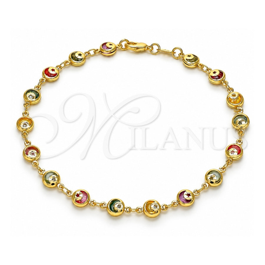 Oro Laminado Fancy Anklet, Gold Filled Style Moon and Star Design, with Multicolor Cubic Zirconia, Polished, Golden Finish, 03.386.0001.10 (06 MM Thickness, 10 Inches Length)