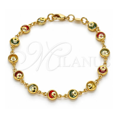 Oro Laminado Fancy Bracelet, Gold Filled Style Moon and Star Design, with Multicolor Cubic Zirconia, Polished, Golden Finish, 03.386.0001.07 (06 MM Thickness, 7 Inches Length)