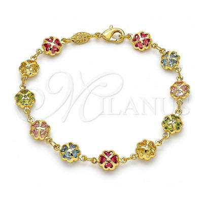 Oro Laminado Fancy Bracelet, Gold Filled Style Four-leaf Clover Design, with Multicolor Cubic Zirconia, Polished, Golden Finish, 03.386.0002.07 (07 MM Thickness, 7 Inches Length)