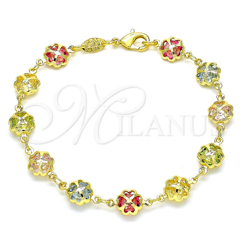 Oro Laminado Fancy Bracelet, Gold Filled Style Four-leaf Clover Design, with Multicolor Cubic Zirconia, Polished, Golden Finish, 03.386.0002.07 (07 MM Thickness, 7 Inches Length)