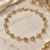 Oro Laminado Fancy Anklet, Gold Filled Style Four-leaf Clover Design, with Multicolor Cubic Zirconia, Polished, Golden Finish, 03.386.0002.10 (07 MM Thickness, 10 Inches Length)