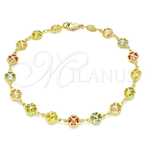 Oro Laminado Fancy Anklet, Gold Filled Style Four-leaf Clover Design, with Multicolor Cubic Zirconia, Polished, Golden Finish, 03.386.0002.10 (07 MM Thickness, 10 Inches Length)