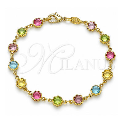 Oro Laminado Fancy Bracelet, Gold Filled Style Flower Design, with Multicolor Cubic Zirconia, Polished, Golden Finish, 03.386.0003.07 (07 MM Thickness, 7 Inches Length)