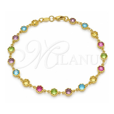 Oro Laminado Fancy Anklet, Gold Filled Style Flower Design, with Multicolor Cubic Zirconia, Polished, Golden Finish, 03.386.0003.10 (07 MM Thickness, 10 Inches Length)