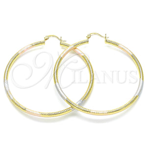 Gold Filled Hoop Earrings — Large Hoop Diamond Cutting Tricolor 02. — main product view — SKU 143489 | Oro Laminado aretes de aro — Large Hoop Diamond Cutting Tricolor 02. — SKU 143489