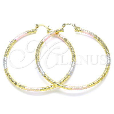 Oro Laminado aretes de aro — Large Hoop Diamond Cutting Tricolor 02. por Mayoreo, vista principal del producto