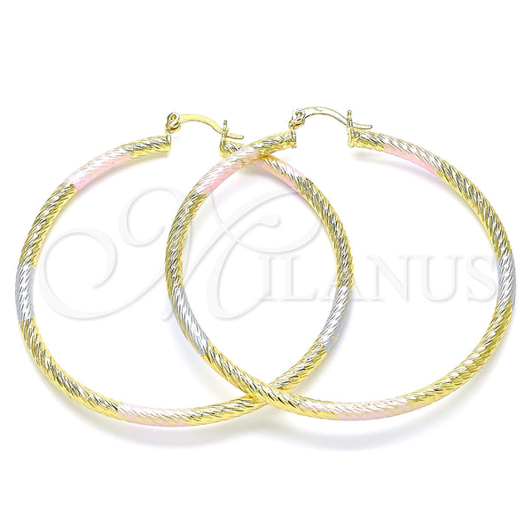 Gold Filled Hoop Earrings — Large Hoop Diamond Cutting Tricolor 02. — main product view — SKU 143490 | Oro Laminado aretes de aro — Large Hoop Diamond Cutting Tricolor 02. — SKU 143490