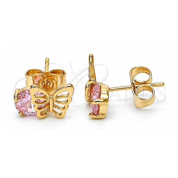 Oro Laminado Stud Earring, Gold Filled Style Butterfly Design, with Pink Cubic Zirconia, Polished, Golden Finish, 02.387.0001