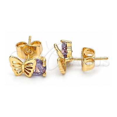 Oro Laminado Stud Earring, Gold Filled Style Butterfly Design, with Amethyst Cubic Zirconia, Polished, Golden Finish, 02.387.0001.1