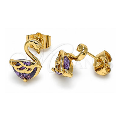 Oro Laminado Stud Earring, Gold Filled Style Swan Design, with Amethyst Cubic Zirconia, Polished, Golden Finish, 02.387.0002.1
