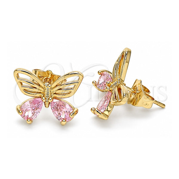 Oro Laminado Stud Earring, Gold Filled Style Butterfly Design, with Pink Cubic Zirconia, Polished, Golden Finish, 02.387.0007