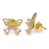 Oro Laminado Stud Earring, Gold Filled Style Butterfly Design, with Pink Cubic Zirconia, Polished, Golden Finish, 02.387.0007