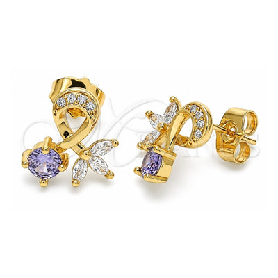 Oro Laminado Stud Earring, Gold Filled Style Leaf Design, with Amethyst Cubic Zirconia, Polished, Golden Finish, 02.387.0009.1