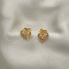 Oro Laminado Stud Earring, Gold Filled Style Heart Design, with Pink and White Cubic Zirconia, Polished, Golden Finish, 02.387.0013
