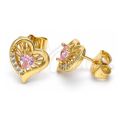 Oro Laminado Stud Earring, Gold Filled Style Heart Design, with Pink and White Cubic Zirconia, Polished, Golden Finish, 02.387.0013