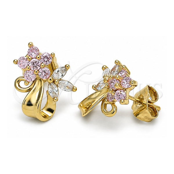 Oro Laminado Stud Earring, Gold Filled Style Flower and Leaf Design, with Pink and White Cubic Zirconia, Polished, Golden Finish, 02.387.0014