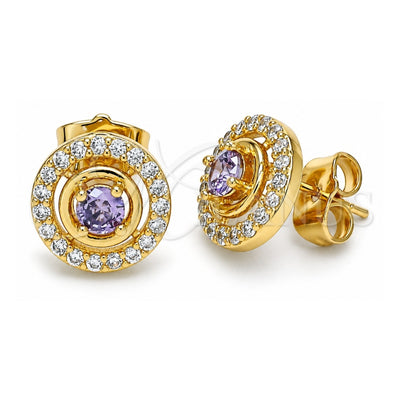 Oro Laminado Stud Earring, Gold Filled Style with Amethyst and White Cubic Zirconia, Polished, Golden Finish, 02.387.0015.1