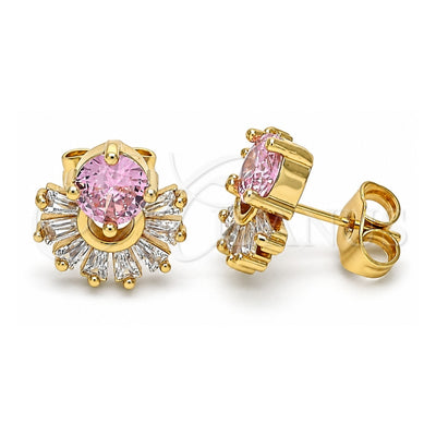 Oro Laminado Stud Earring, Gold Filled Style Baguette Design, with Pink and White Cubic Zirconia, Polished, Golden Finish, 02.387.0018