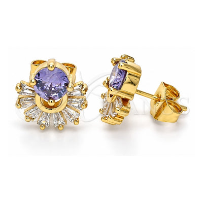Oro Laminado Stud Earring, Gold Filled Style Baguette Design, with Amethyst and White Cubic Zirconia, Polished, Golden Finish, 02.387.0018.1