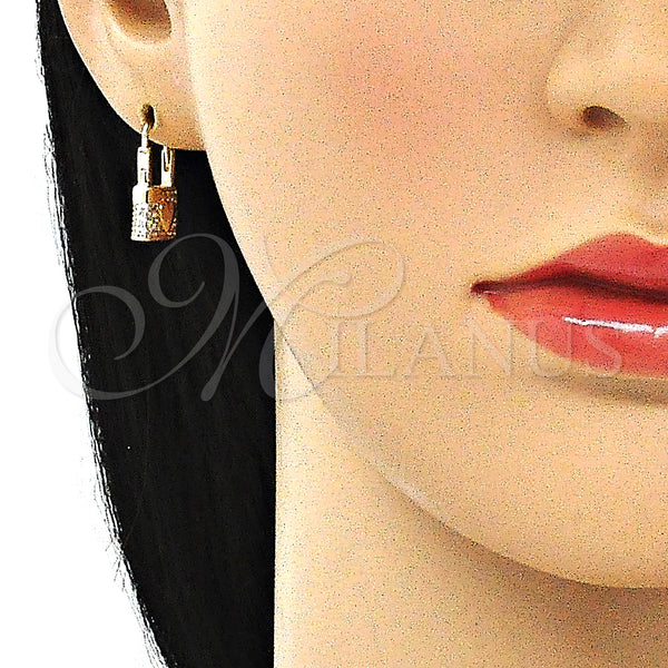 Gold Filled Hoop Earrings — Huggie Hoop Lock and Heart Design with White — alternate product view — SKU 143538 | Oro Laminado aretes de aro — Huggie Hoop Lock and corazón diseño with blanco — SKU 143538