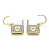 Oro Laminado Huggie Hoop, Gold Filled Style Lock and Heart Design, with White Cubic Zirconia, Polished, Golden Finish, 02.210.0525.10